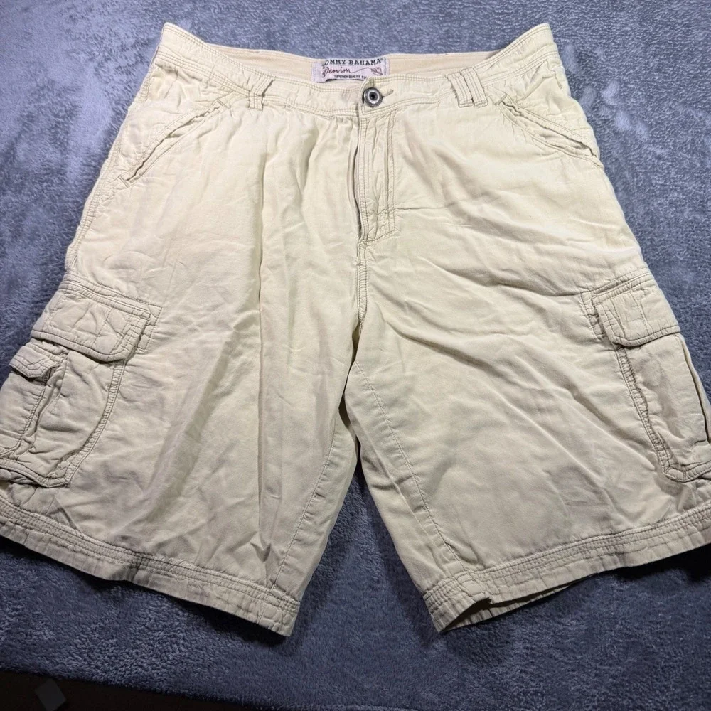 Tommy Bahama Denim Mens Khaki Tan Cotton Cargo Shorts Size 36 Relaxed Casual